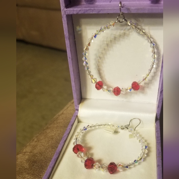 Swarovski Red and White Crystal Hand-made Hoop Earrings. Sterling hooks used. - Picture 5 of 6